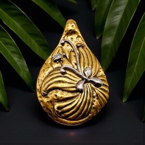Amazing Artisan Brass and Silver Floral Teardrop Pendant Rare Estate Statement